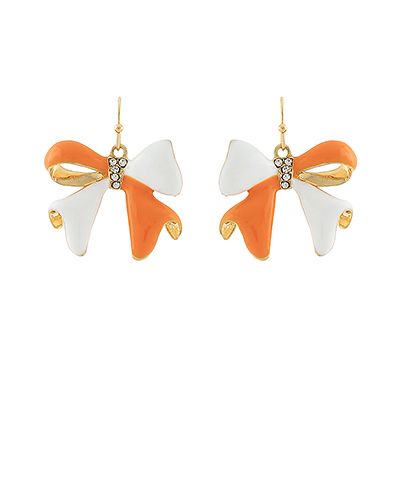 Tennessee gameday pavé bow earrings in orange and white with crystal accents, photographed for The Pink Doxie Boutique.