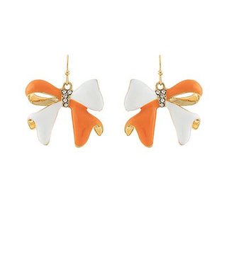 Tennessee gameday pavé bow earrings in orange and white with crystal accents, photographed for The Pink Doxie Boutique.