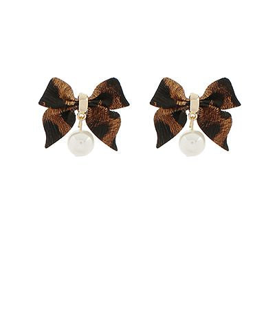 Leopard print leather bow earrings with faux pearl drop, photographed for The Pink Doxie Boutique.