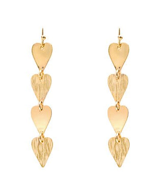 Gold scratched heart drop earrings with layered heart design and fish hook closure from The Pink Doxie Boutique.