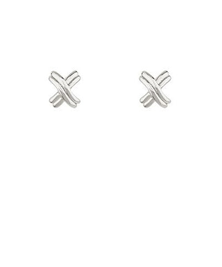 Gold and silver crisscross textured stud earrings with sterling silver posts displayed on a white background from The Pink Doxie Boutique.