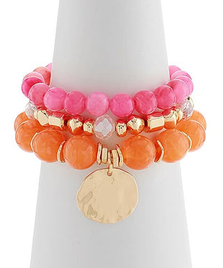 Sunset Glow: Fuchsia & Orange Beaded Layering Bracelets with Gold Disc