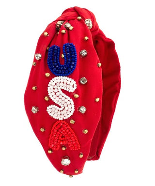 Patriotic "USA" Beaded Knotted Headband – Red Crystal & Pearl Statement Accessory