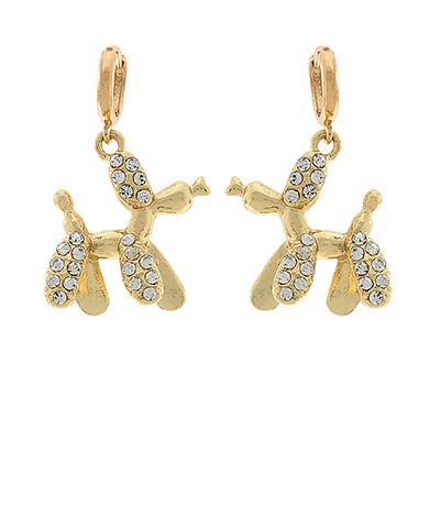Gold-tone balloon dog dangle earrings with crystal accents and post backs displayed on a white background from The Pink Doxie Boutique.