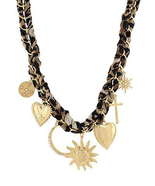 Leopard scarf charm necklace with gold hearts and mixed charms