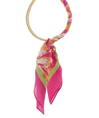 Pink scarf necklace with gold chain and colorful statement design