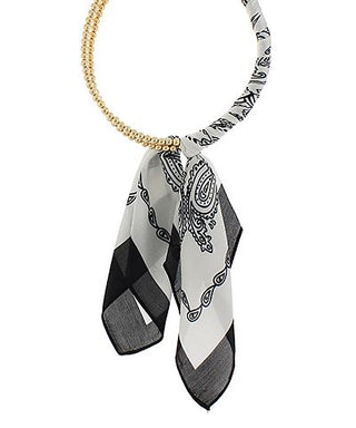 Black and white scarf necklace with gold chain statement design