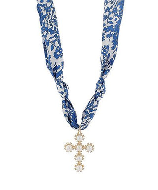 Blue floral scarf necklace with pearl-accented cross pendant