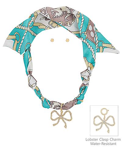 Turquoise scarf necklace with gold bow charm statement detail