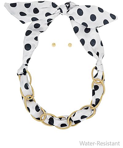 Black and white polka dot scarf necklace with gold chain detail