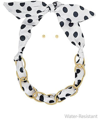 Black and white polka dot scarf necklace with gold chain detail