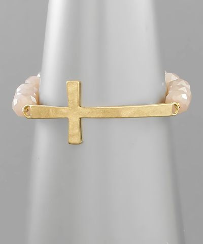 Gold sideways cross beaded bracelet with blush-toned beads