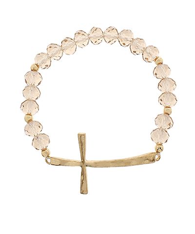 Blush beaded sideways cross bracelet with gold detail