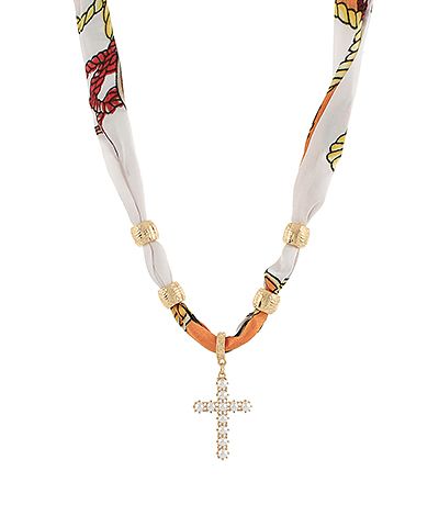Patterned scarf necklace with gold cross pendant