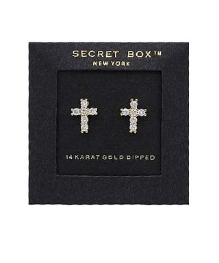 14k Gold Dipped Mini 3D CZ Cross Stud Earrings