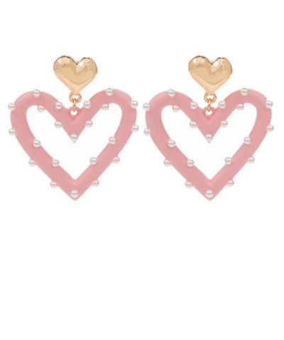 Pink heart drop earrings with pearl accents and gold-tone details on a neutral background from The Pink Doxie Boutique.