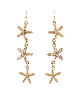 Sparkling Gold Crystal Pave Triple Starfish Drop Earrings