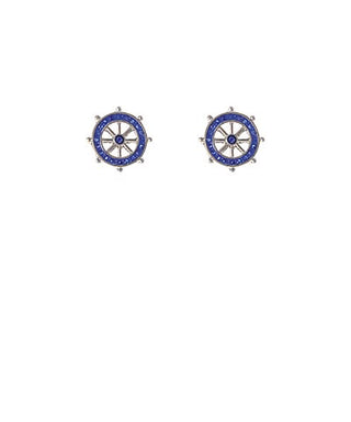 Nautical Captain’s Helm Stud Earrings – Blue Epoxy & Silver Tone