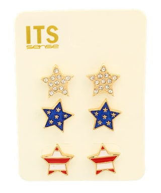Patriotic USA Star Stud Earrings Set - 3 Pairs of Gold-Tone American Flag Jewelry