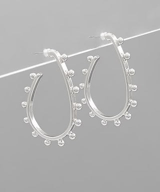 Rhodium Ball Deco Teardrop Hoops – Modern Minimalist Statement Earrings