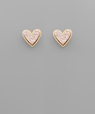 Glitter heart stud earrings with gold-tone trim displayed on a neutral background from The Pink Doxie Boutique.