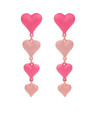 Four-tier pink heart drop earrings with a lightweight brass design and hypoallergenic post from The Pink Doxie Boutique.