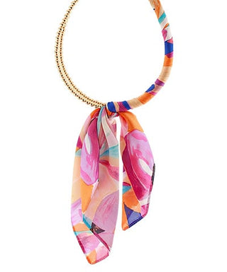 Fuchsia Floral Scarf-Wrapped Gold Collar Necklace