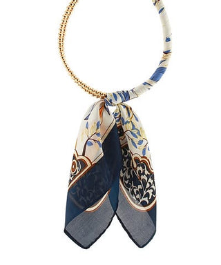 Navy Flora Scarf-Wrapped Gold Collar Statement Necklace