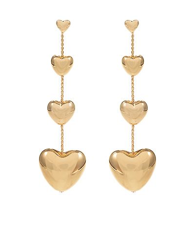 Gold-tone heart drop earrings featuring three cascading hearts on a delicate chain with hypoallergenic posts from The Pink Doxie Boutique.