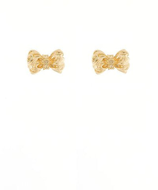 Gold textured bow stud earrings on a white background from The Pink Doxie Boutique.