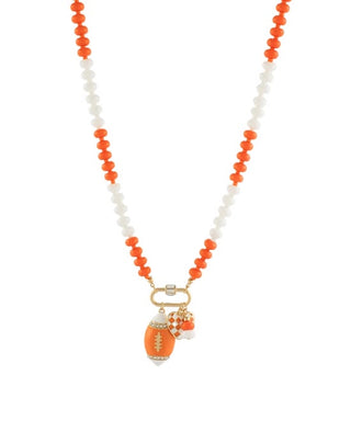 Game Day Glam: Orange & White Football & Heart Charm Beaded Necklace