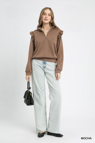 Luxeknit Ruffle Shoulder Quarter-Zip Pullover – Mocha