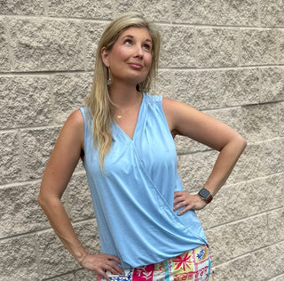 Sky Blue Wrinkle-Free Surplice Sleeveless Blouse