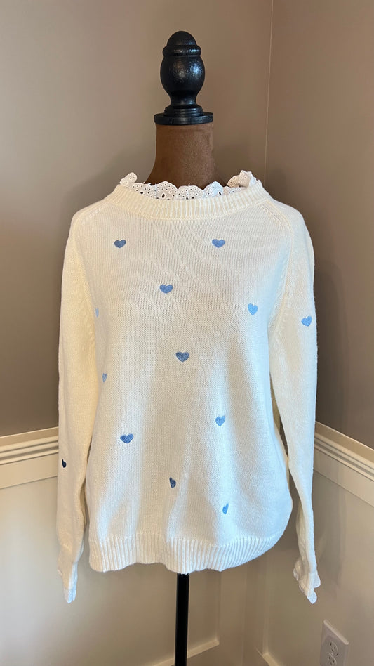 Cream Sweater with Blue Hearts & Lace Detail - Sweet and Cozy