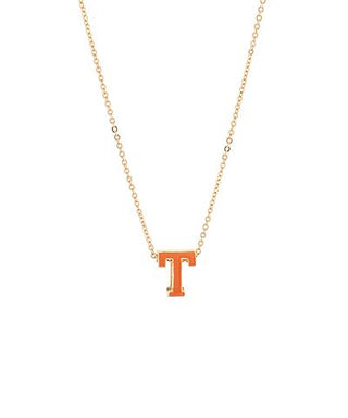 Gold-tone necklace with orange enamel T pendant, Tennessee gameday-inspired jewelry photographed for The Pink Doxie Boutique.