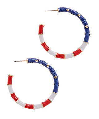 Patriotic Americana Star Hoop Earrings – Red, White & Blue Metal "C" Hoops