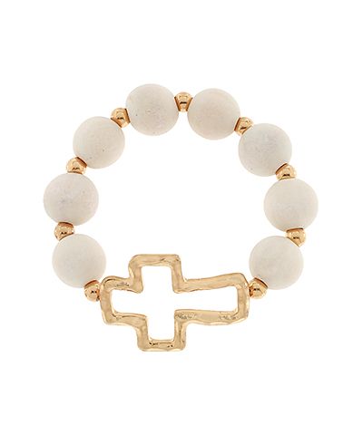 White beaded sideways cross bracelet with gold detail