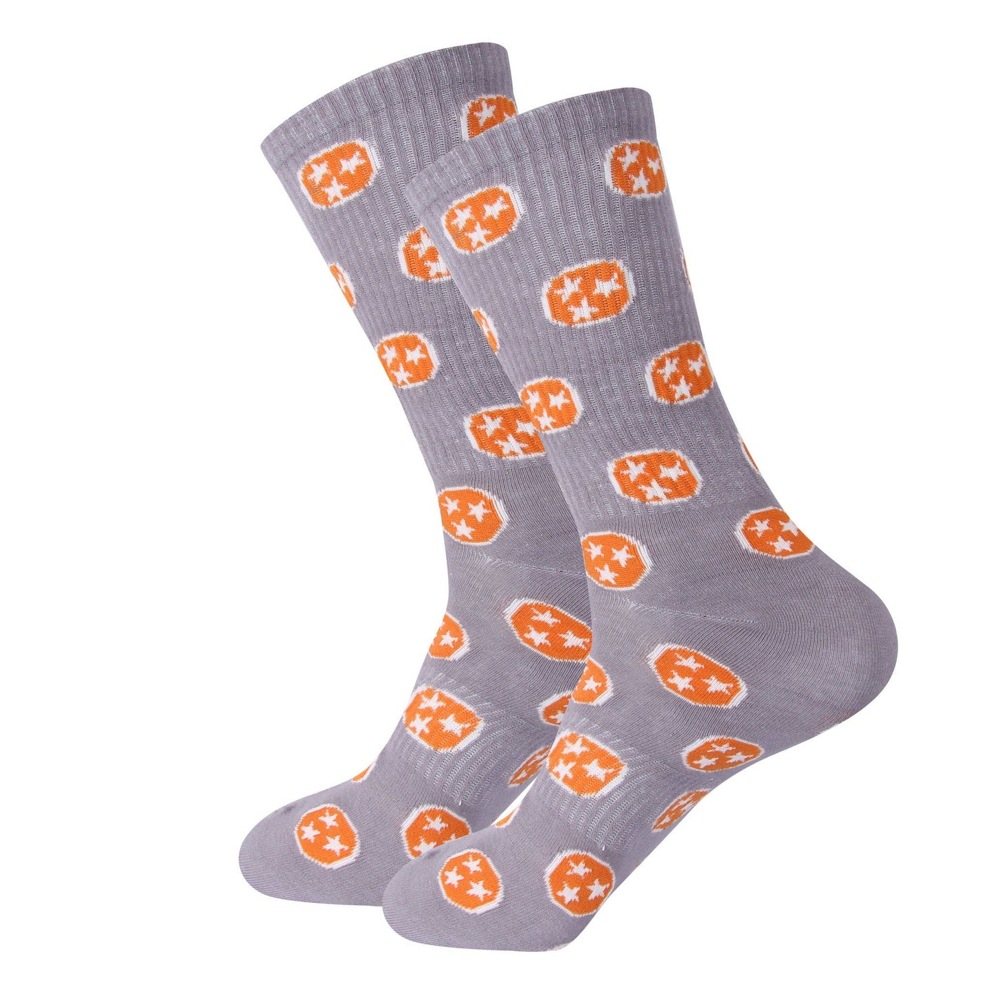 Grey crew socks with orange Tennessee tri-star pattern from The Pink Doxie Boutique.