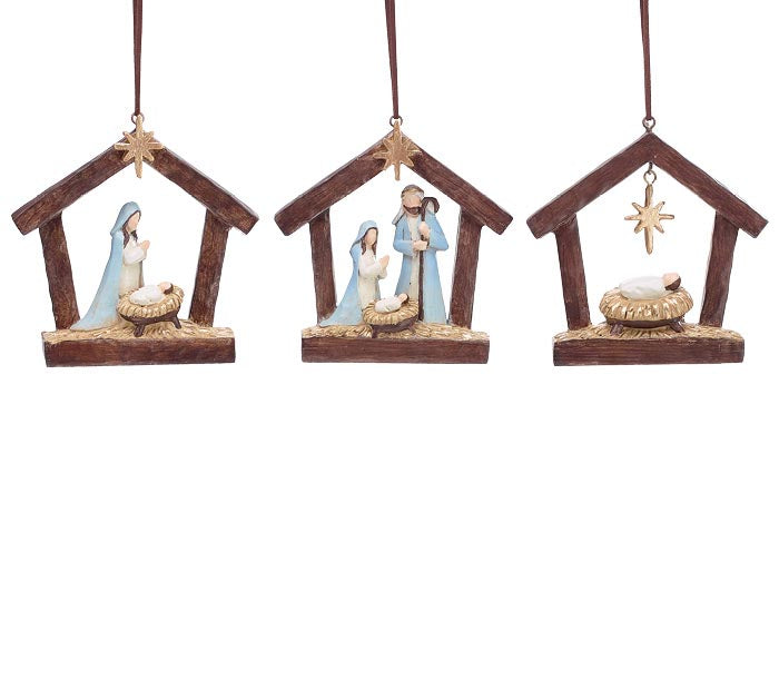 Holy Family nativity ornament with golden Star of David and rustic textures