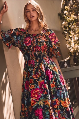 Floral Printed Smocked Waist Midi Dress, Black Multicolor