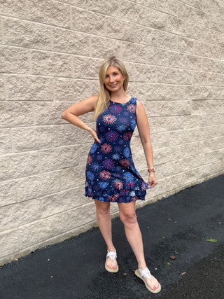 Lulu B UPF 50+ Fireworks Print Sleeveless Ruffle Dress
