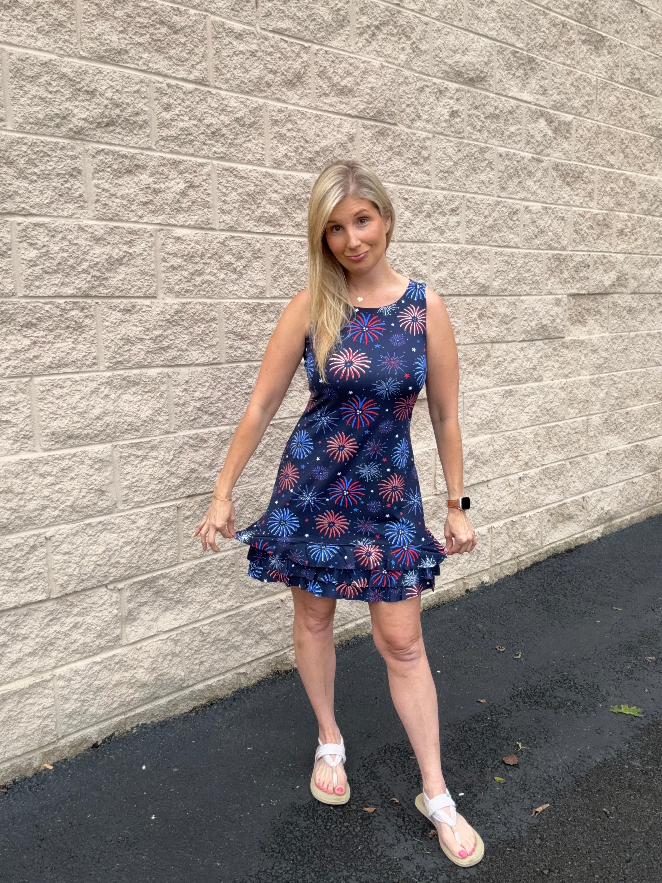 Lulu B UPF 50+ Fireworks Print Sleeveless Ruffle Dress