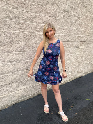Lulu B UPF 50+ Fireworks Print Sleeveless Ruffle Dress