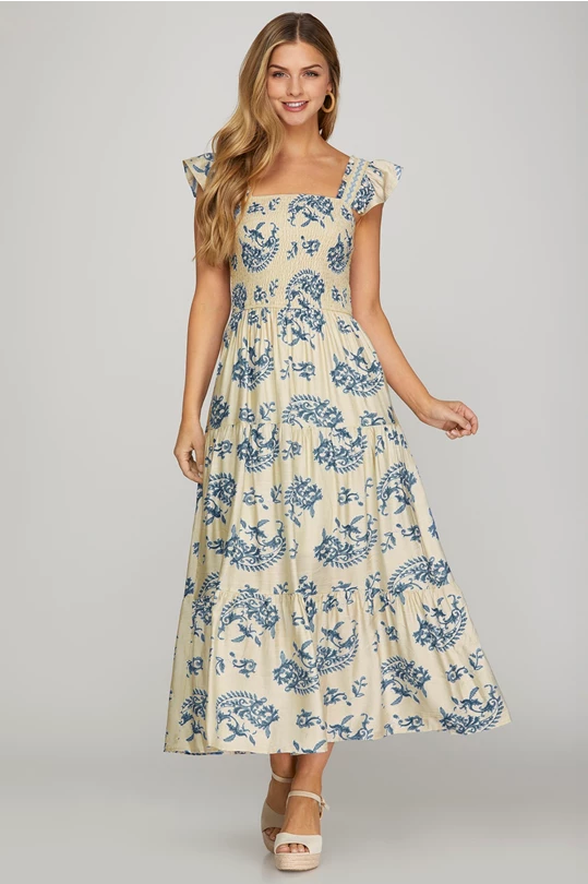 Ruffled Sleeve Square Neck Smocked Tiered Maxi Dress - Dress