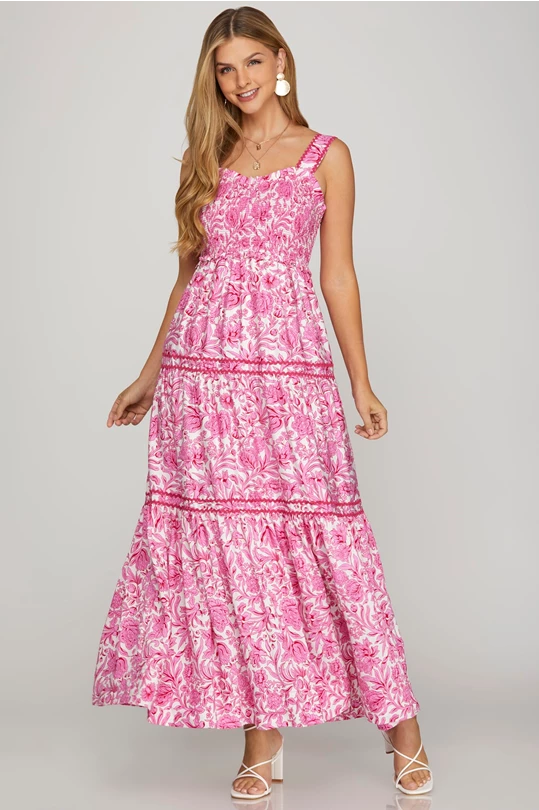 Sleeveless Smocked Woven Print Tiered Maxi Dress with Ric-Rac Trim - Dress