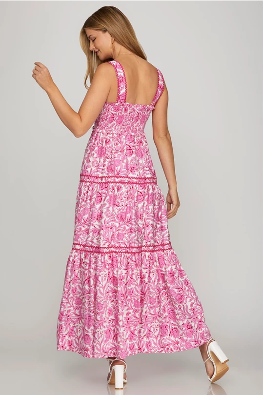 Sleeveless Smocked Woven Print Tiered Maxi Dress with Ric-Rac Trim - Dress