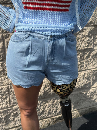 Scalloped Hem Denim Shorts