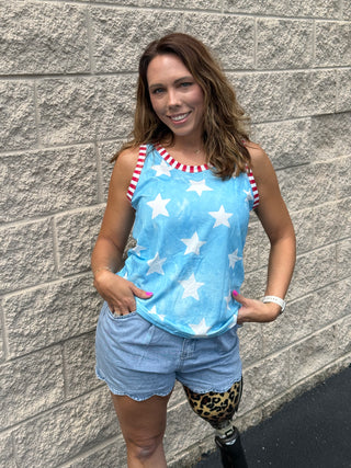 Patriotic Star Print Tie-Dye Tank Top