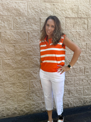 Orange & White Striped Sleeveless Knit Polo