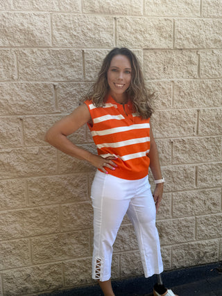 Orange & White Striped Sleeveless Knit Polo
